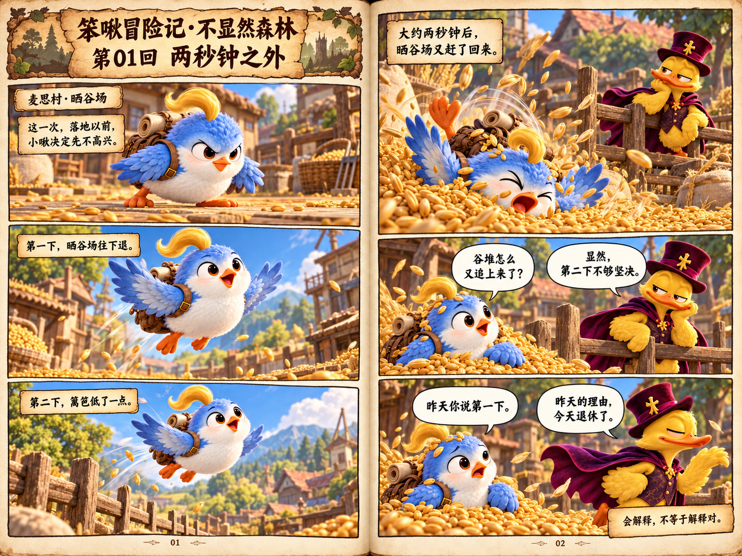 第一回《两秒钟之外》的左页：小啾在麦思村晒谷场练习飞翔